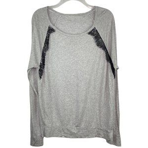 Long Sleeve Blouse Shirt Black Lace Trim Women's